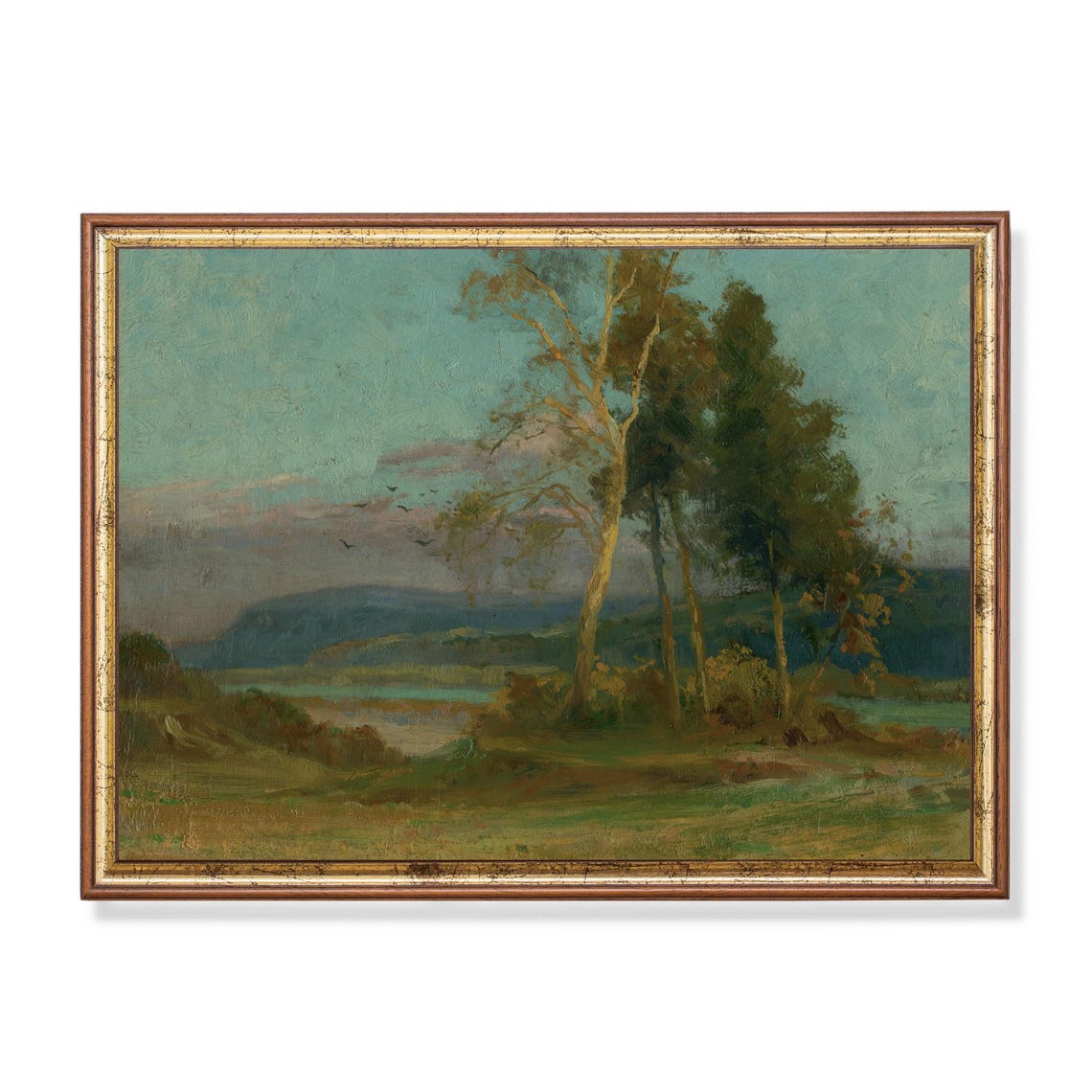 Tall Slender Trees Beside a Still River Under a Teal Sky Poster