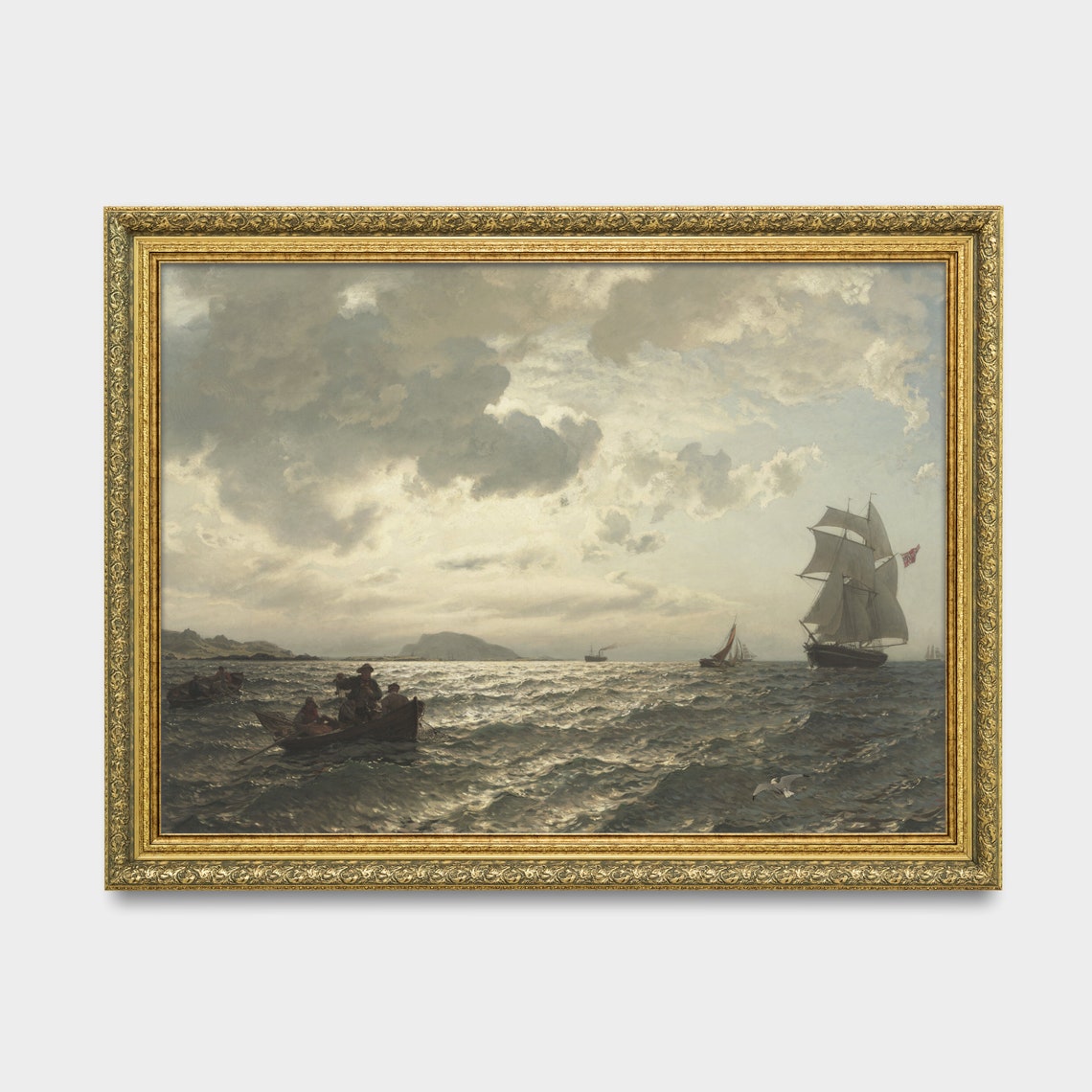Vintage Sailing Ship Painting Antique Seascape Print Rustic Ocean Beach Art Nautical Decor Wall Art - Image 3