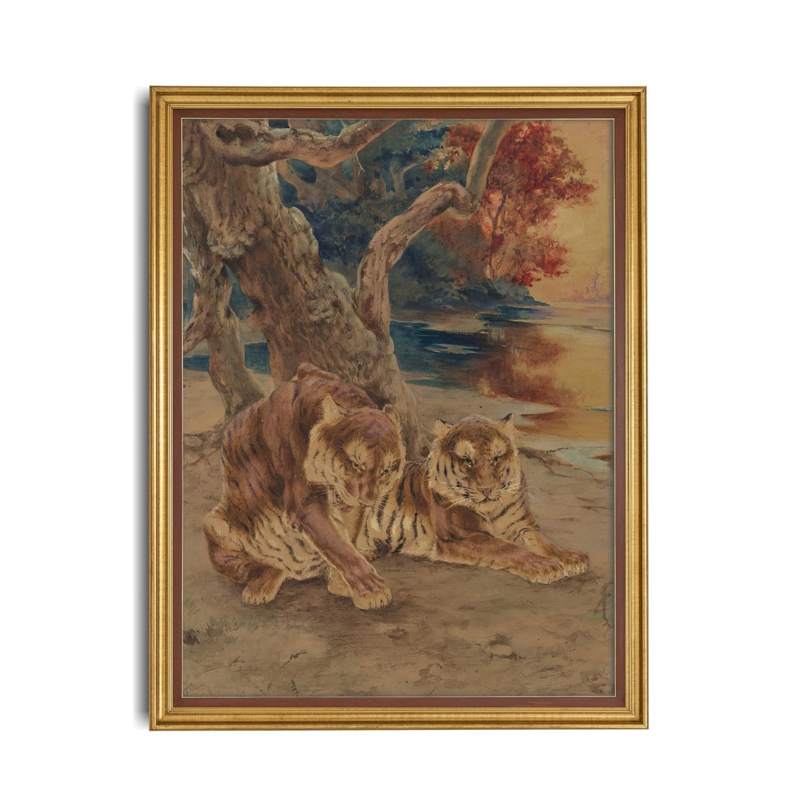 Two Tigers Resting by a River at Sunset Vintage Wildlife Art Poster - Image 2