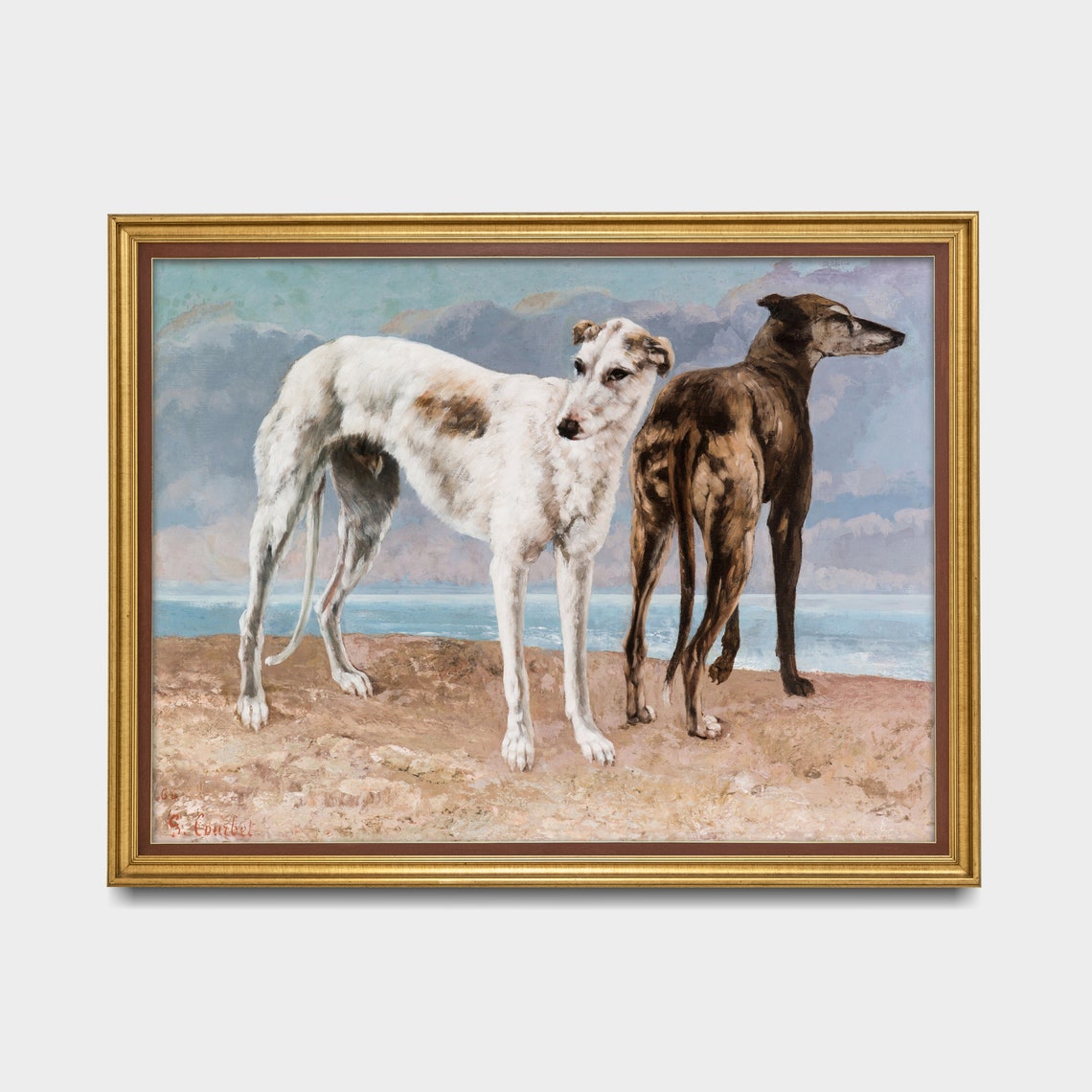 Two Greyhounds Standing Side by Side on a Coastal Beach Poster - Image 4