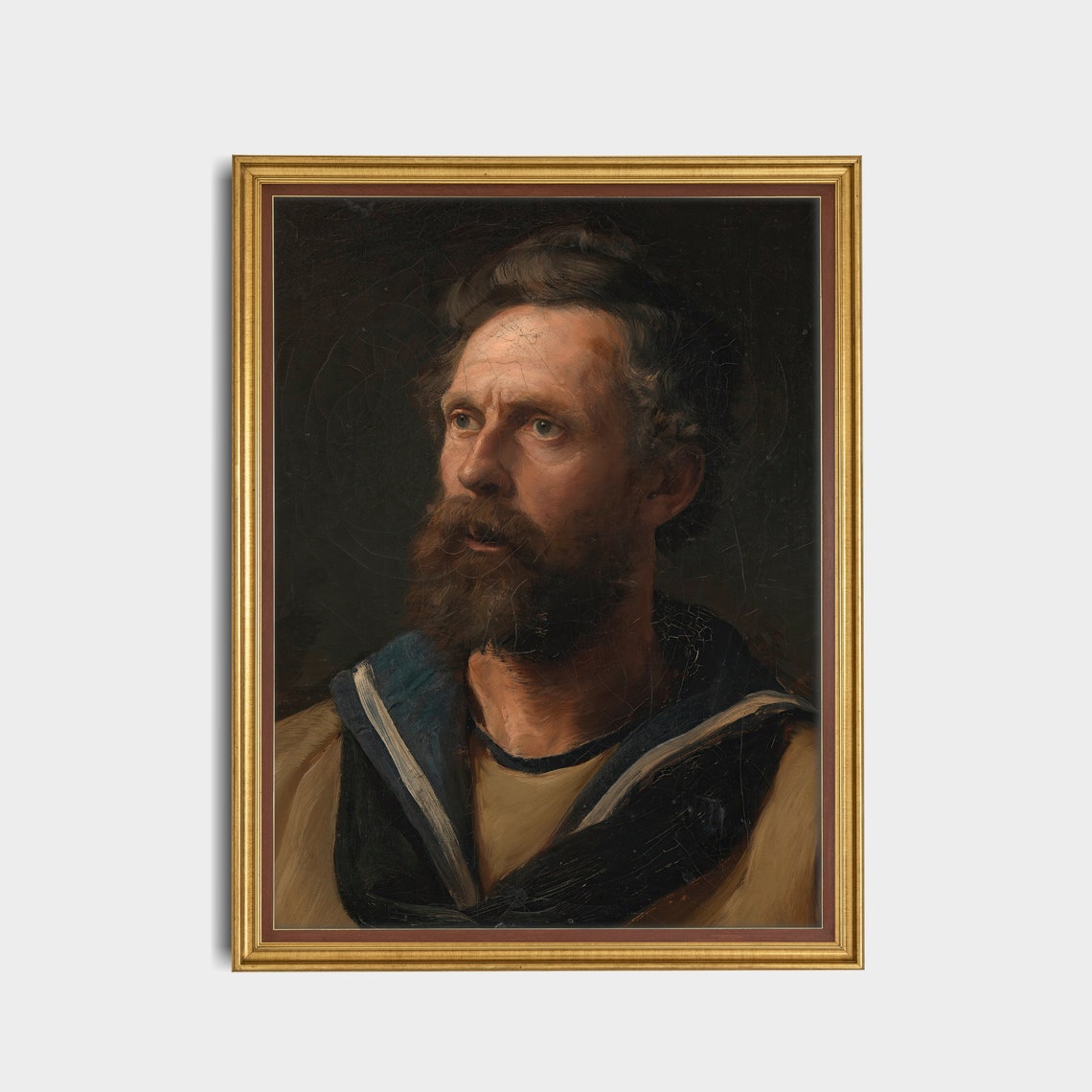 Bearded Sailor Portrait with Navy Collar Dark Background Oil Poster - Image 3