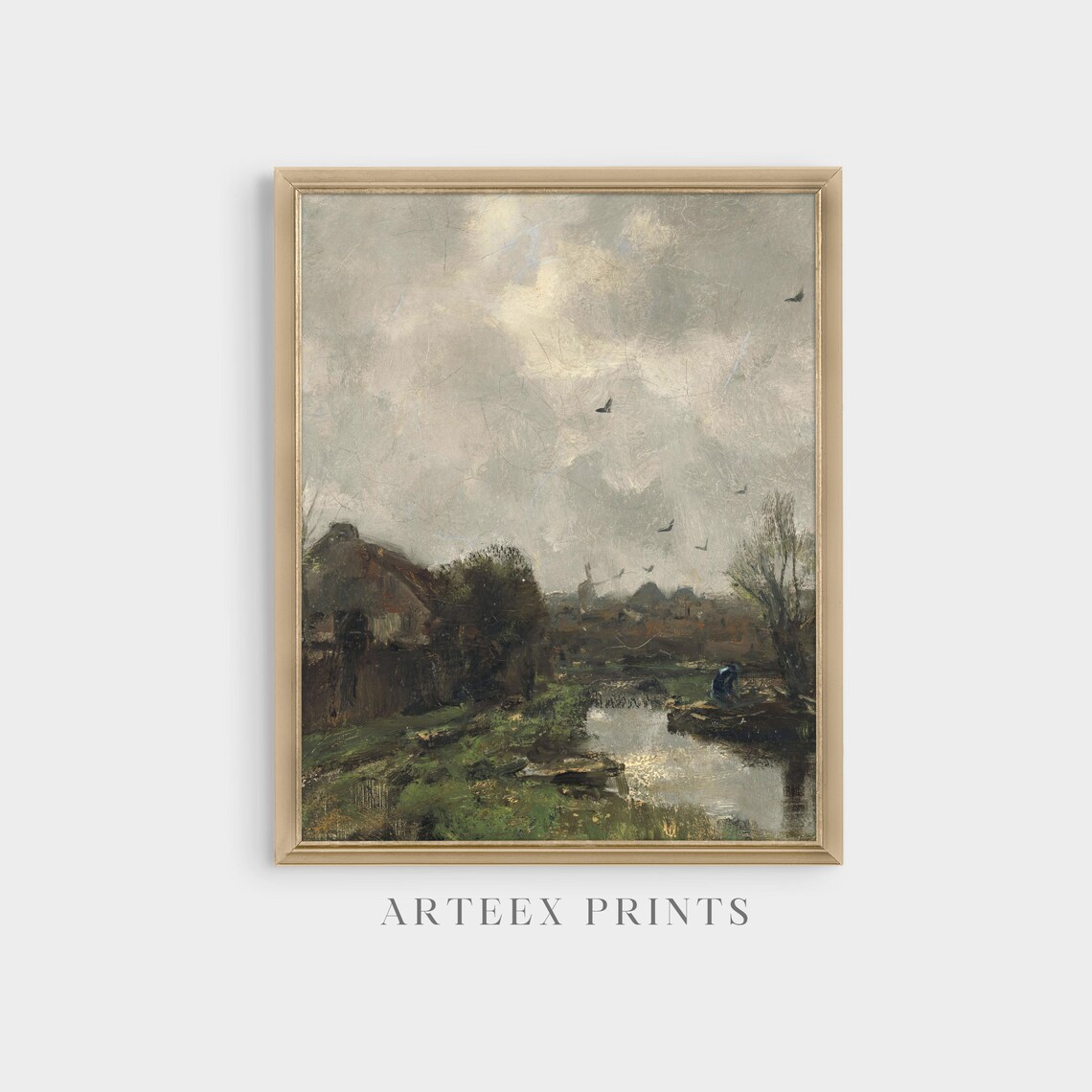 Moody Countryside Cottage Pond Oil Painting with Birds Poster - Image 5