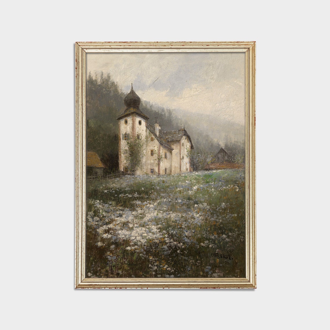 Alpine Church with Onion Dome in a Wildflower Meadow Scene Poster - Image 2