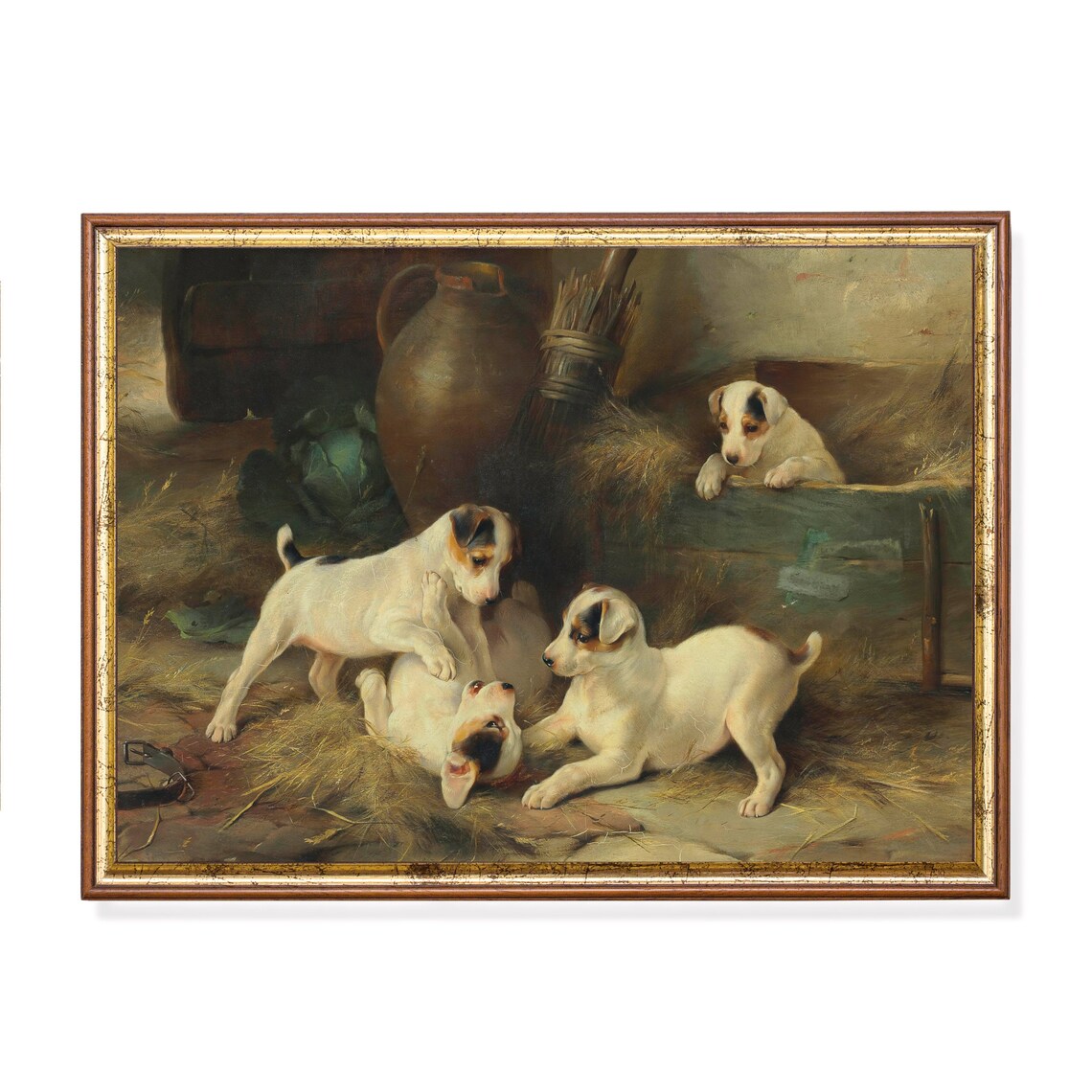 Four Puppies Playing In Hay Vintage Dog Painting Antique Pet Poster