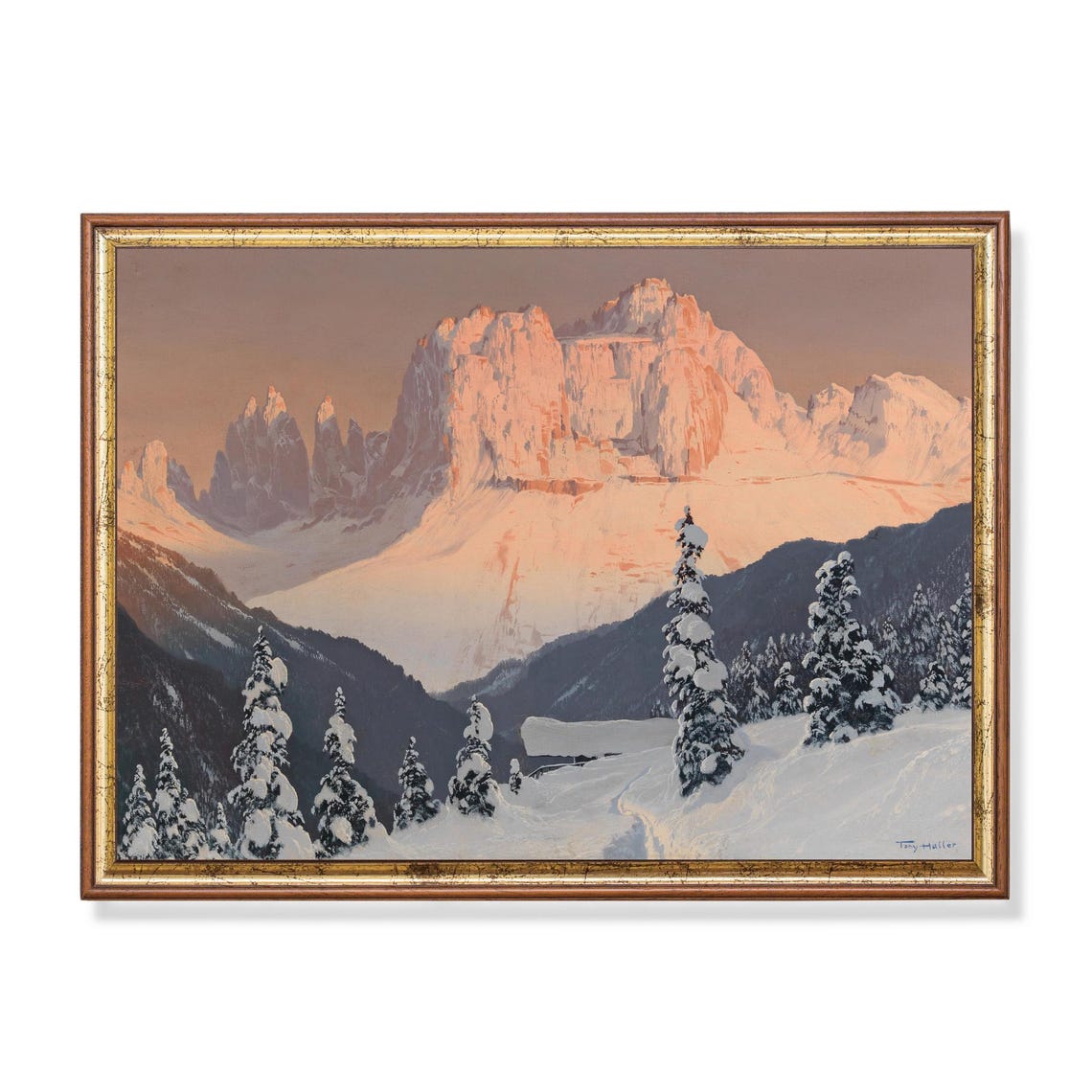 Pink Sunset Over Snowy Alpine Mountain Peaks Vintage Art Poster