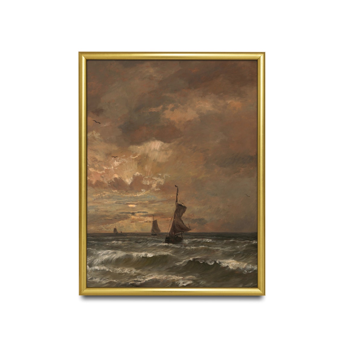 Sailboats on Rolling Waves Under a Fiery Sunset Sky Moody Poster - Image 3