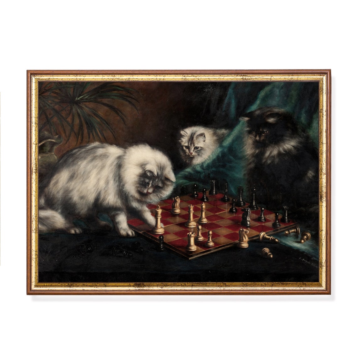 Three Cats Playing Chess on a Board Whimsical Vintage Feline Poster