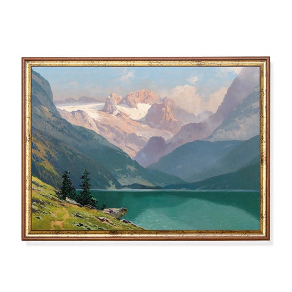 Mailed Print Vintage Lake Mountain Painting Antique Country Landscape Nature Rustic Print Farmhouse Decor Printed And Shipped