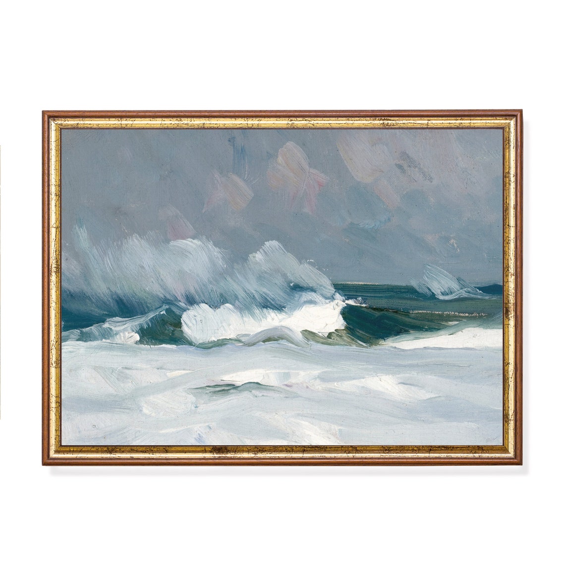 Stormy Ocean Waves Breaking Under Grey Skies Vintage Oil Poster