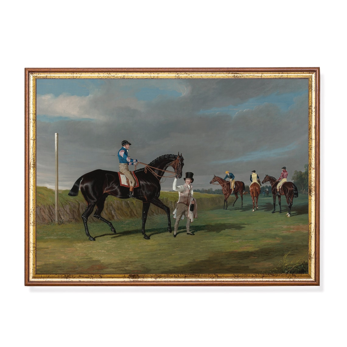 Jockey in Blue Silks on a Dark Racehorse Vintage Sporting Poster
