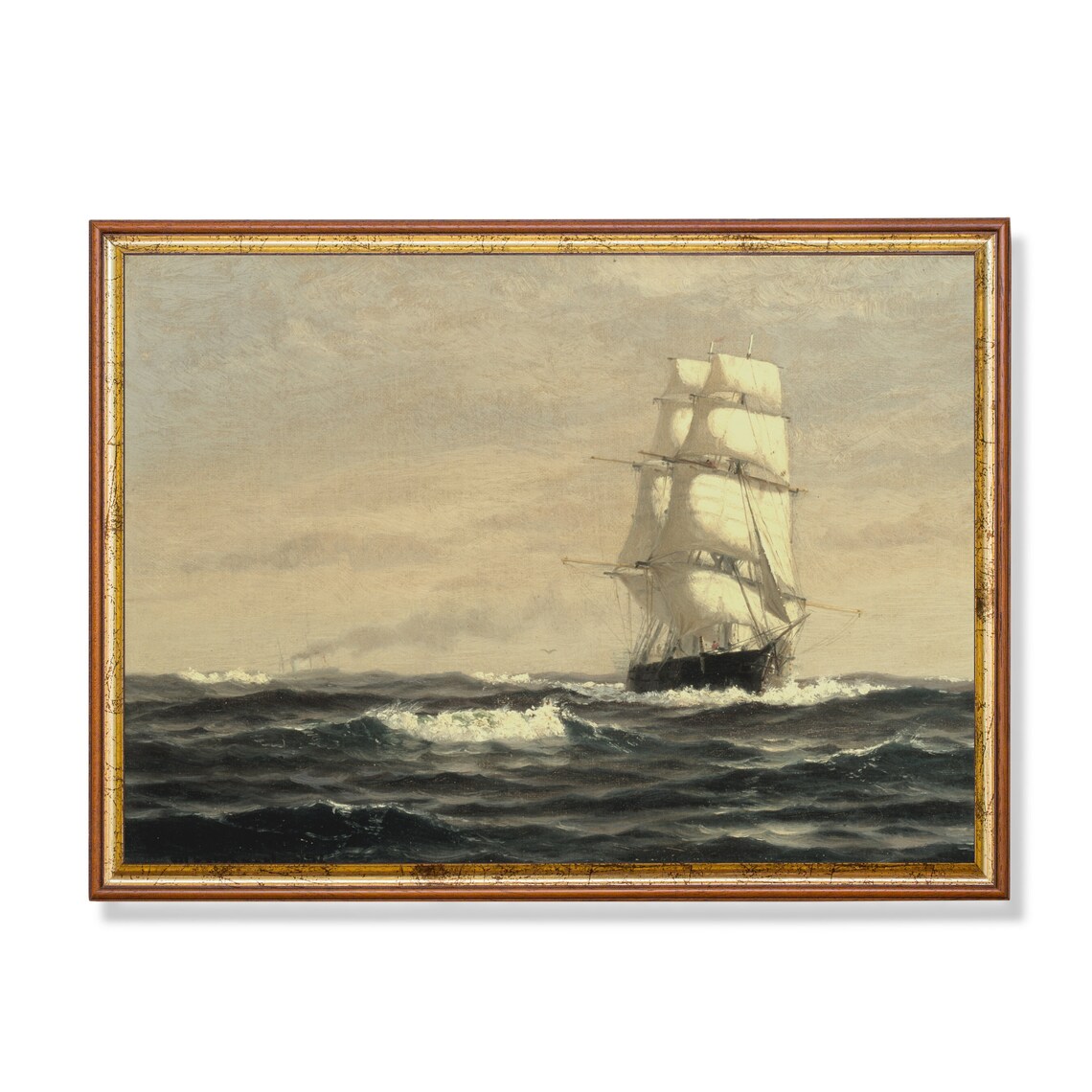 Tall Sailing Ship On Rough Seas Antique Marine Oil Painting Poster