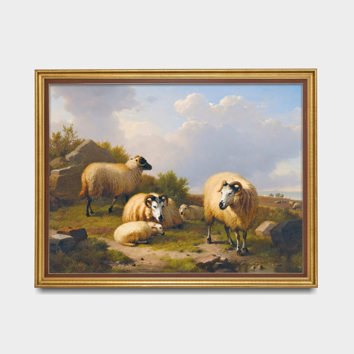 Sheep and Lambs Rocky Coastal Pasture Blue Sky Vintage Farm Poster - Image 3