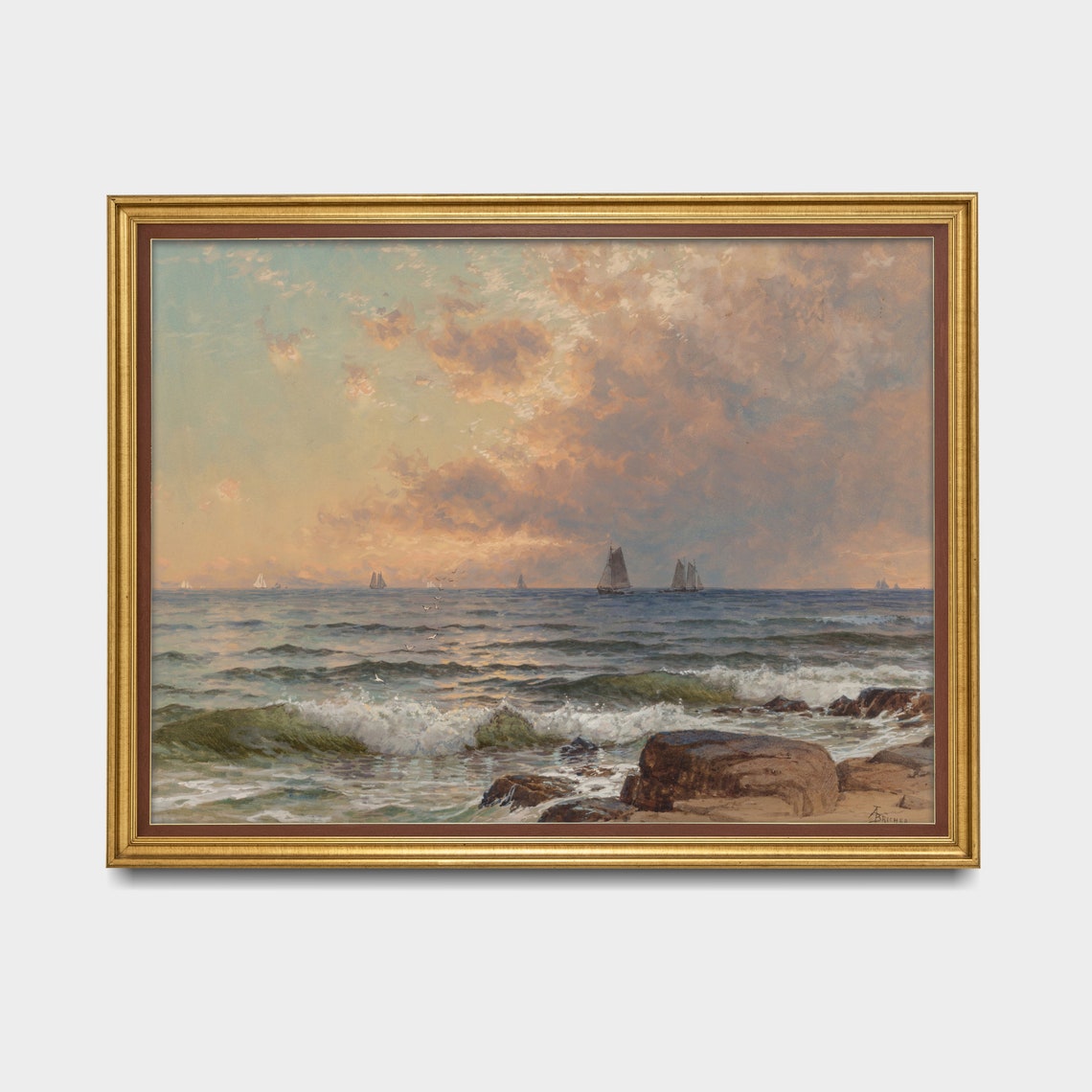 Sailboats on the Ocean at Sunset with Waves Breaking on Rocks Poster - Image 3