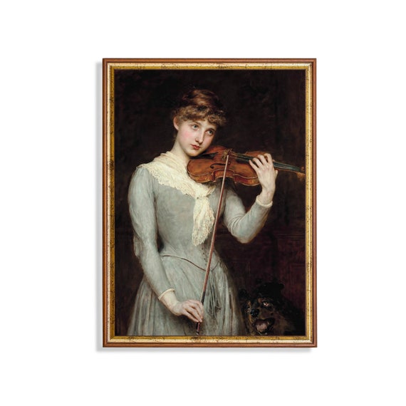 Printed And Shipped Vintage Portrait Painting Antique Woman With Violin And Dog Moody Rustic Print Fine Art Physical Prints