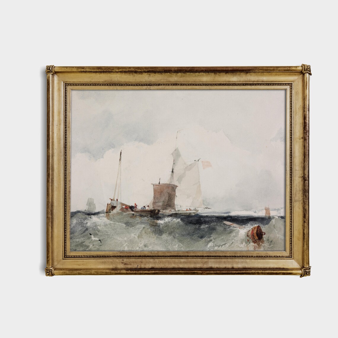 Sailing Vessels on a Choppy Grey Sea Antique Marine Watercolor Poster - Image 3