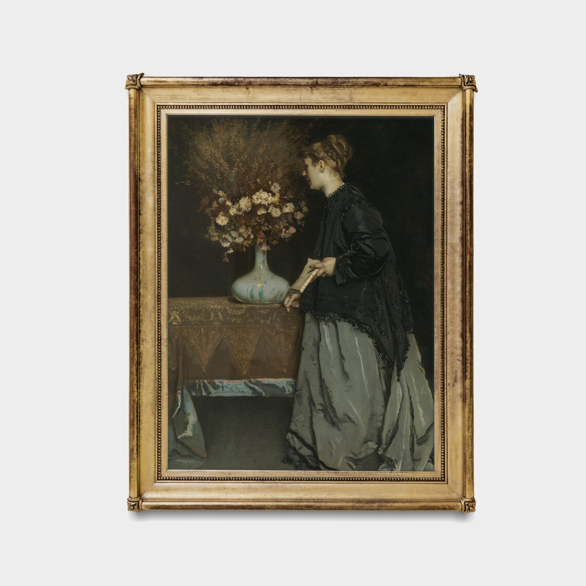 Woman Arranging White Flowers in a Vase Antique Interior Poster - Image 2
