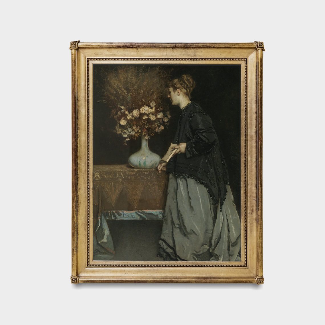 Woman Beside Flower Vase Moody Antique Portrait Oil Painting Poster - Image 3