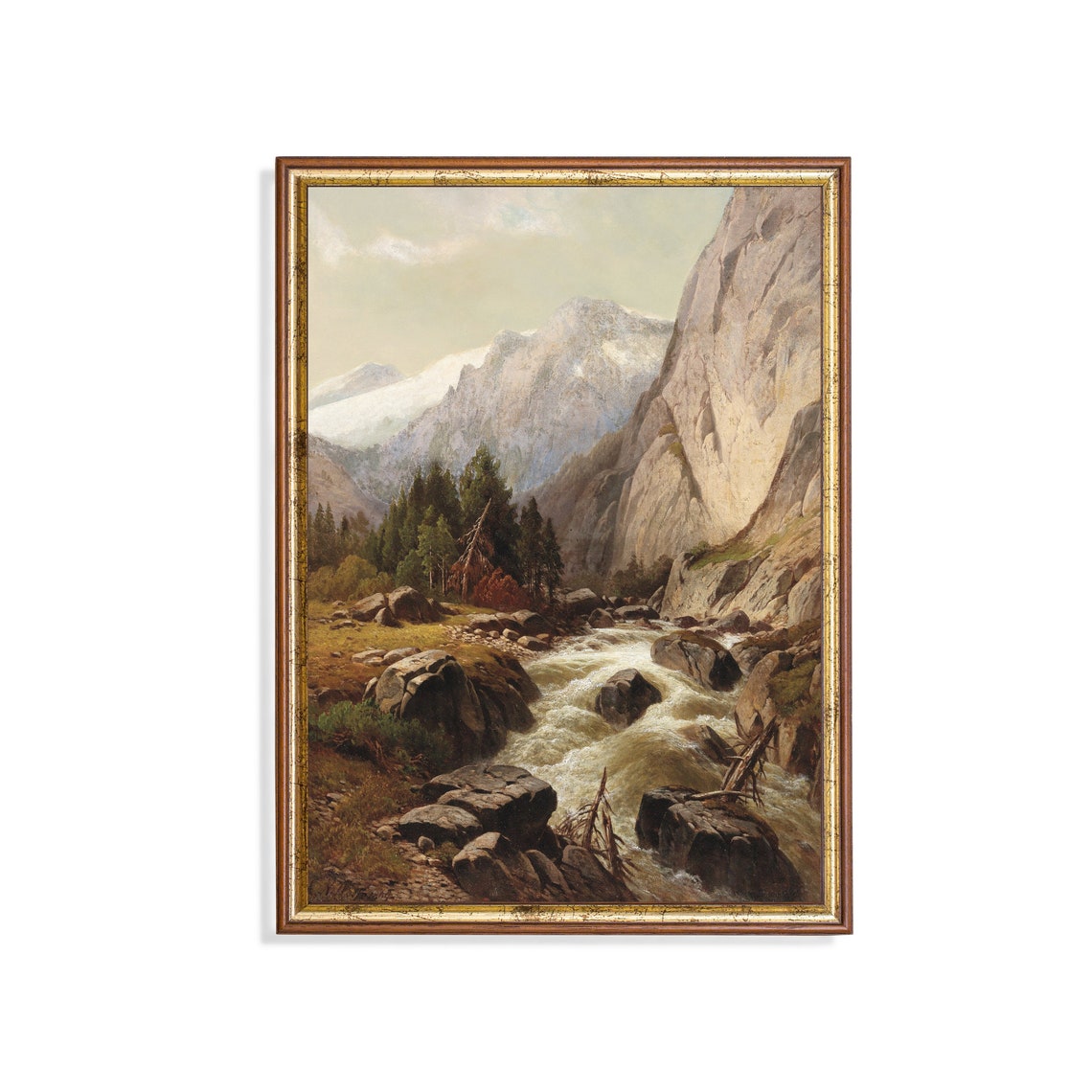 Rushing Mountain Stream in Rocky Gorge With Snowy Peaks Poster
