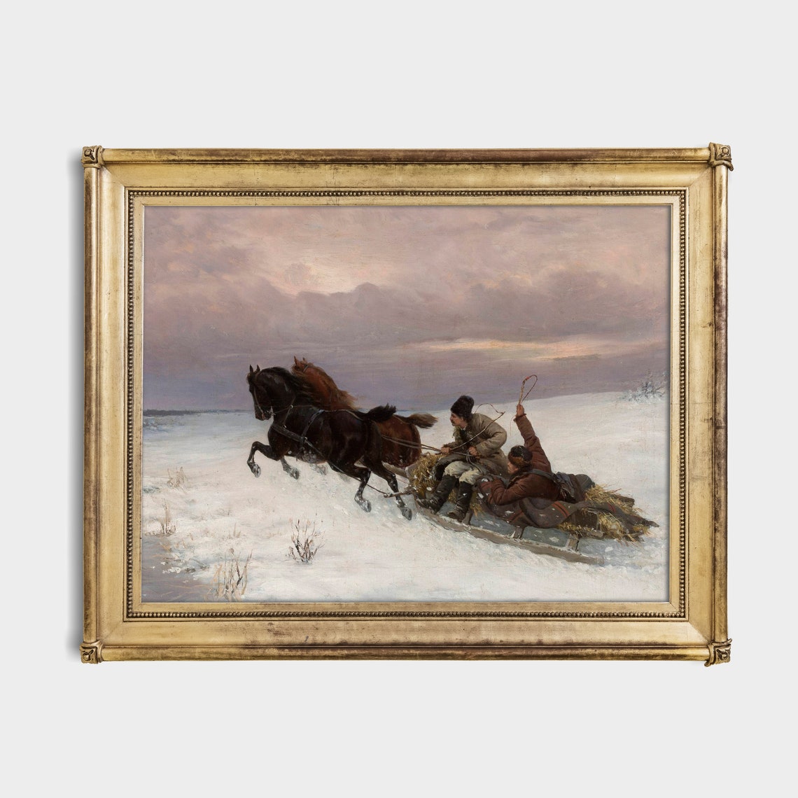 Two Galloping Horses Pulling A Sled Across Snowy Plains Vintage Poster - Image 2