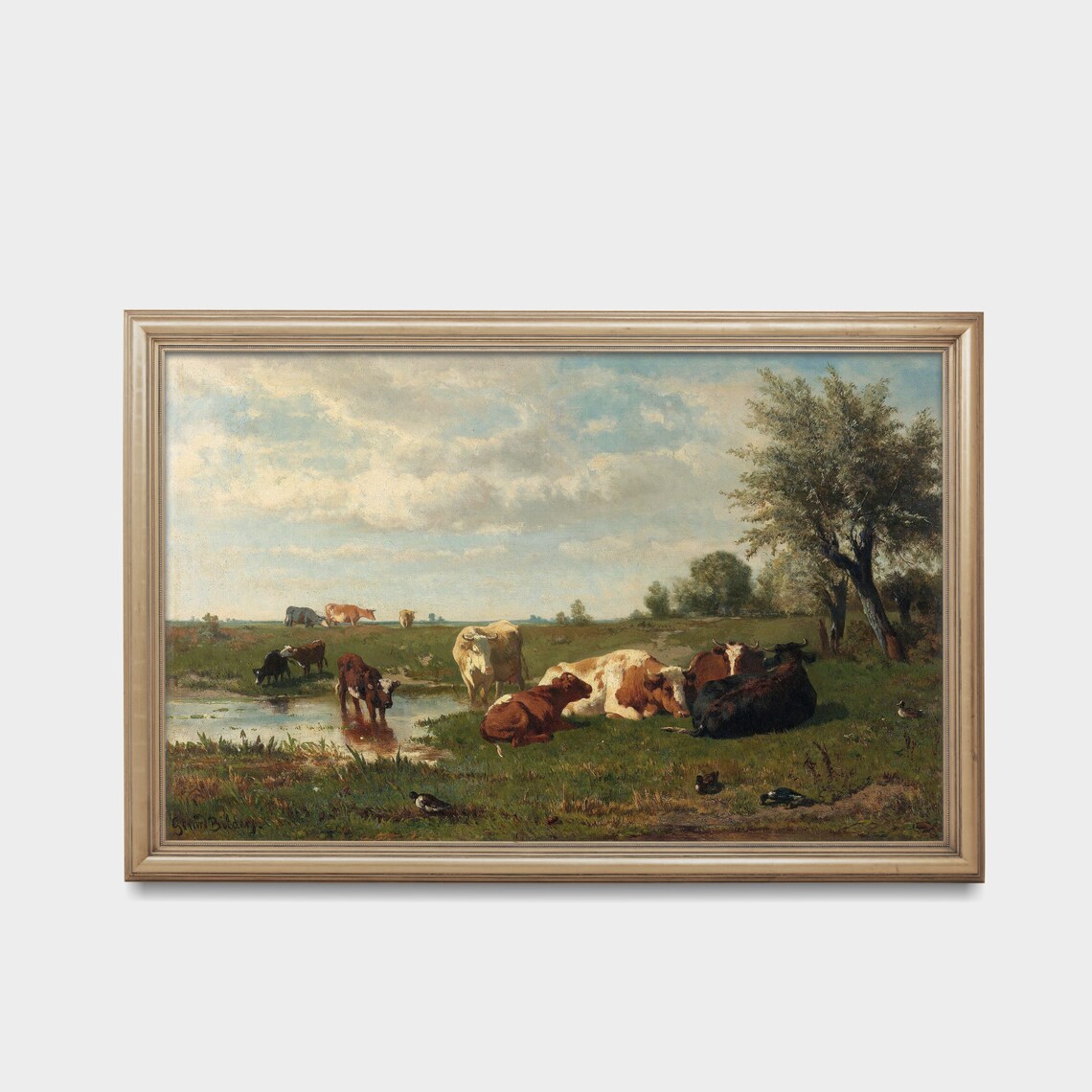Cows Resting and Drinking in a Meadow Vintage Pastoral Poster - Image 2