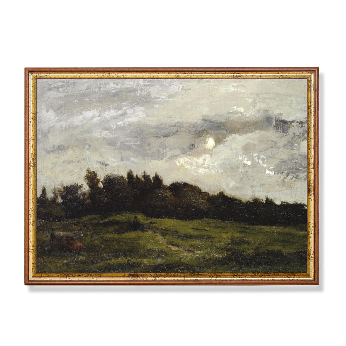 Moonlit Pasture with Cows Grazing at the Dark Forest Edge Poster
