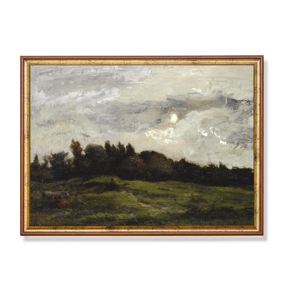 Mailed Print Vintage Landscape Painting Moody Country Landscape Antique Rustic Art Farmhouse Decor Cows In Meadow Print And Ship