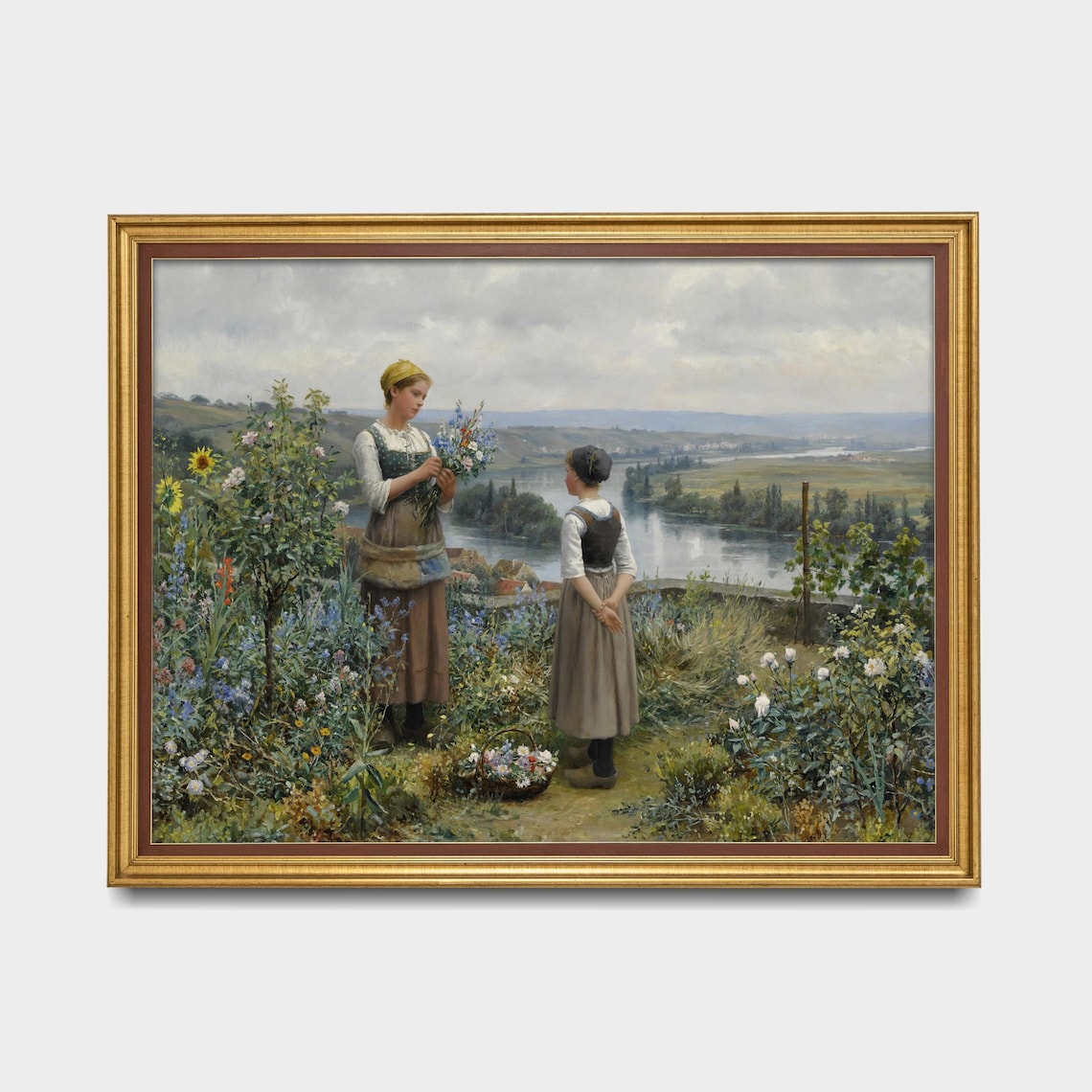 Women Picking Wildflowers Above a Wide River Valley Vintage Poster - Image 5