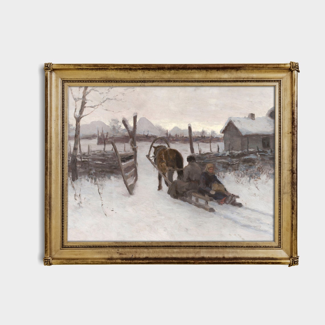 Horse Drawn Sled Passing A Snowy Village At Dusk Vintage Winter Poster - Image 2