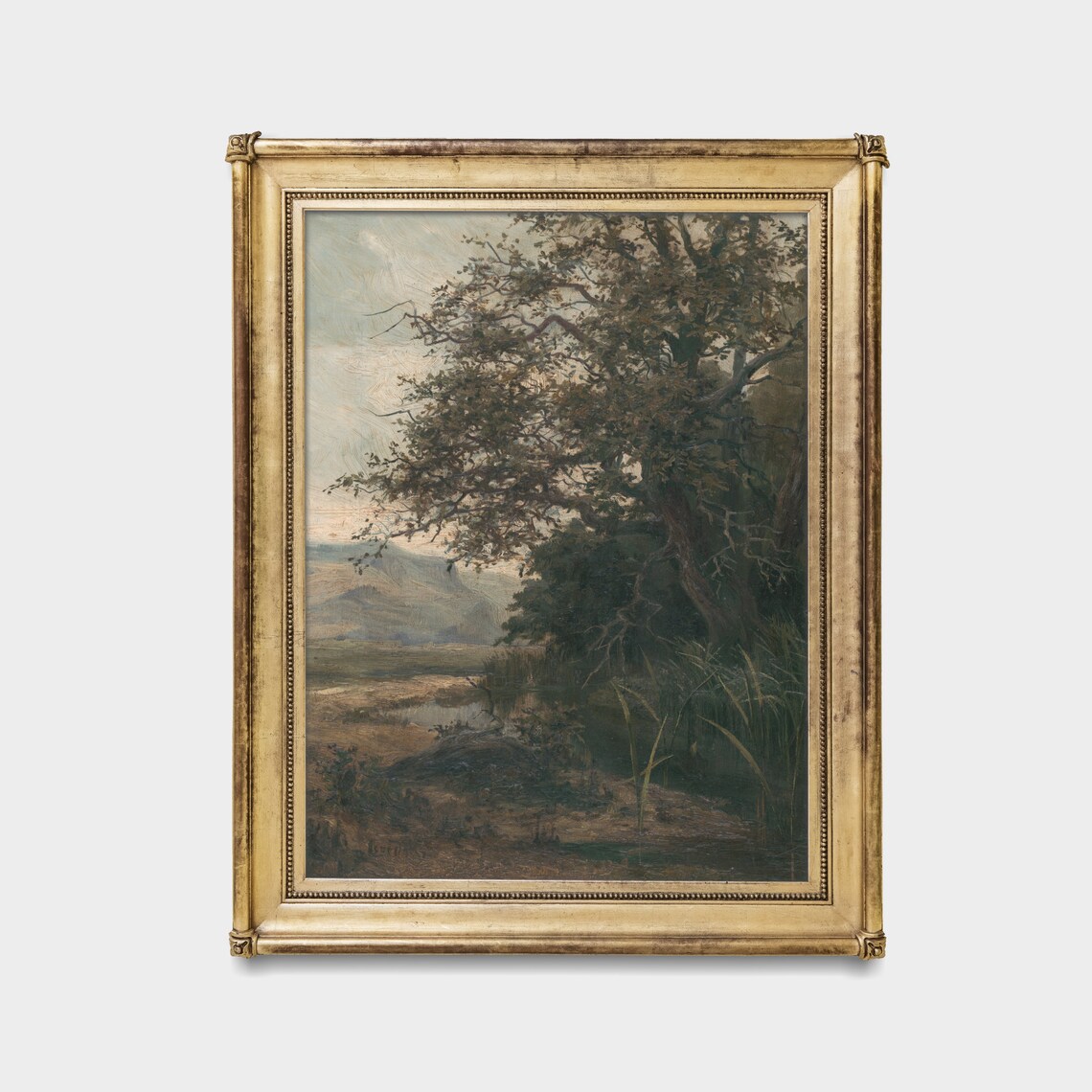 Vintage Ancient Tree Pond Distant Mountains Moody Landscape Poster - Image 3
