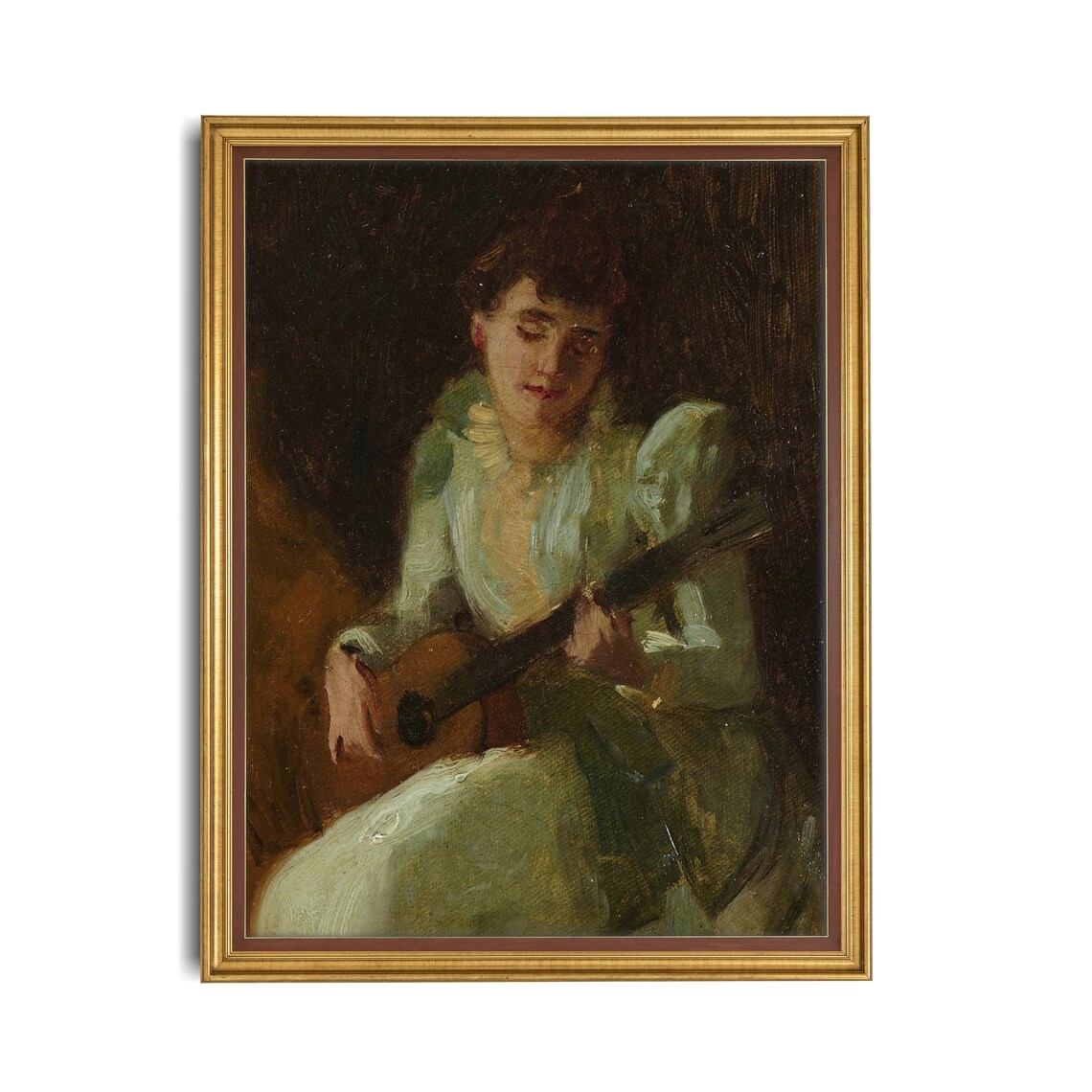 Woman in Green Dress Playing Guitar Moody Vintage Music Art Portrait Poster - Image 4