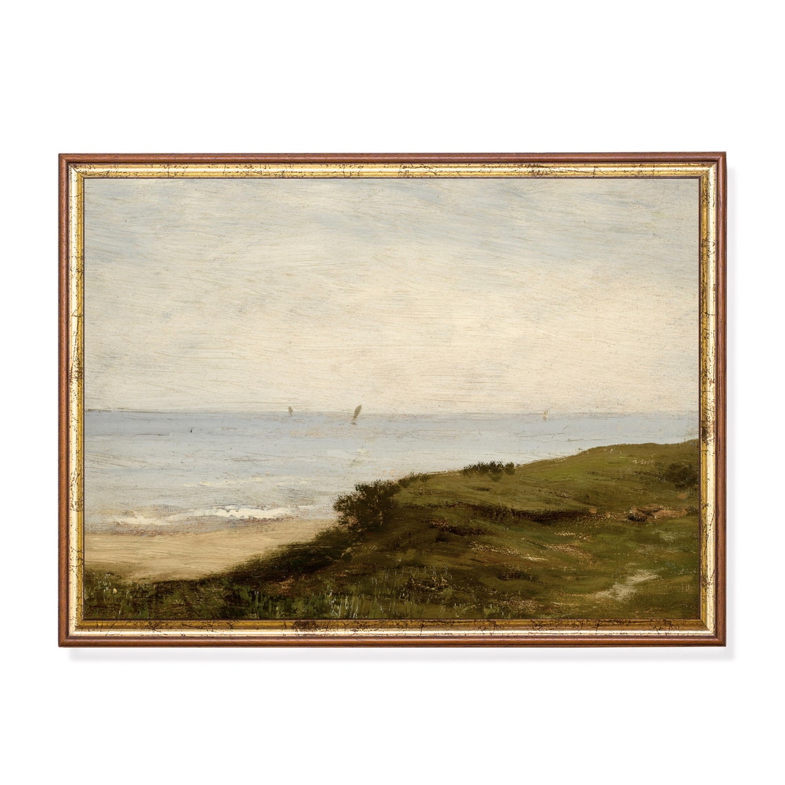 Vintage Seascape Painting Antique Ocean Beach Print Coastal Decor Moody Rustic Fine Artwork Wall Art