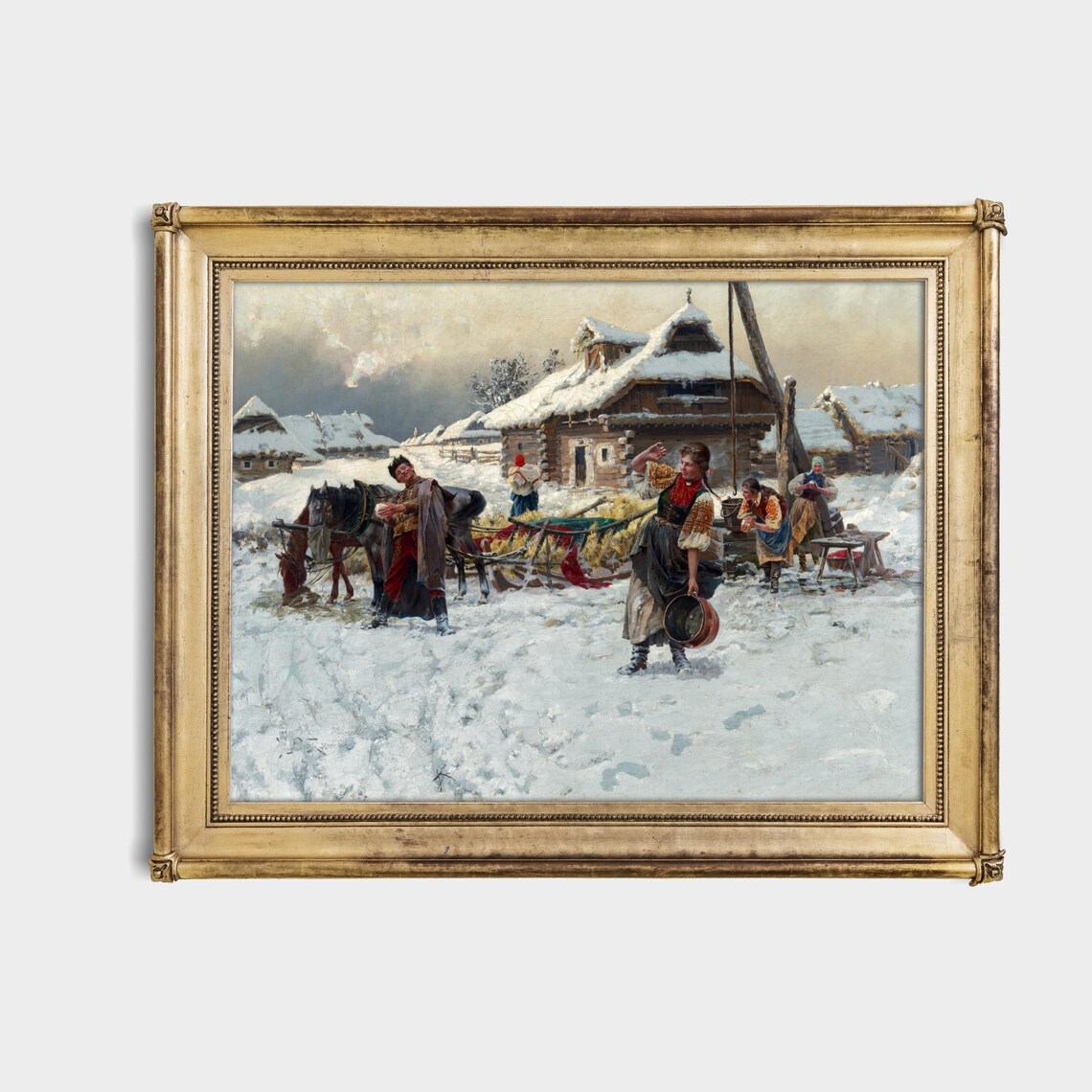 Snowball Fight in a Snowy Russian Village Vintage Art Poster - Image 4