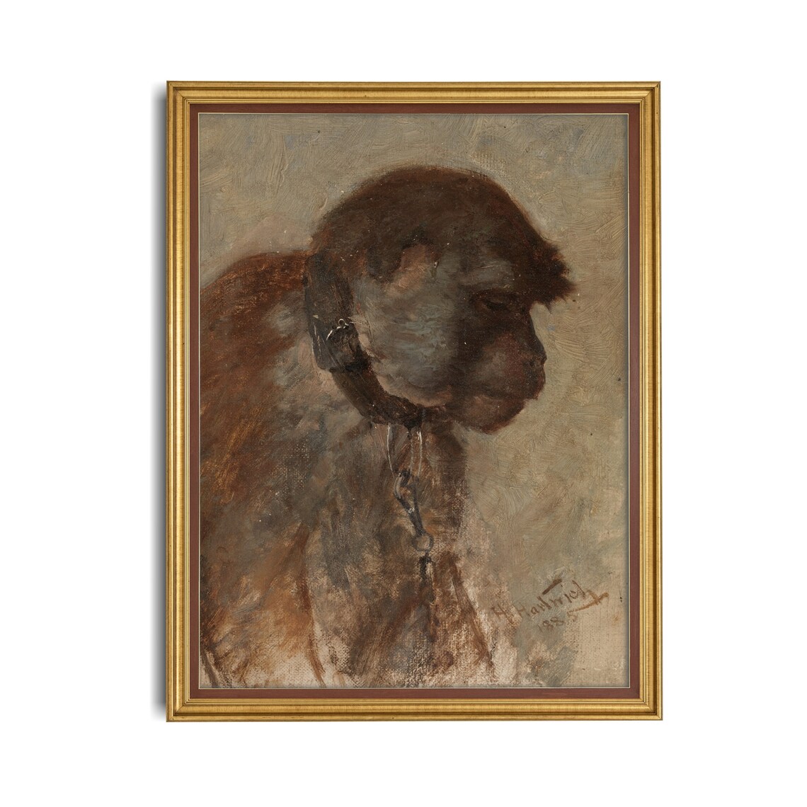 Chained Monkey Head In Profile Vintage Rustic Animal Painting Poster - Image 2