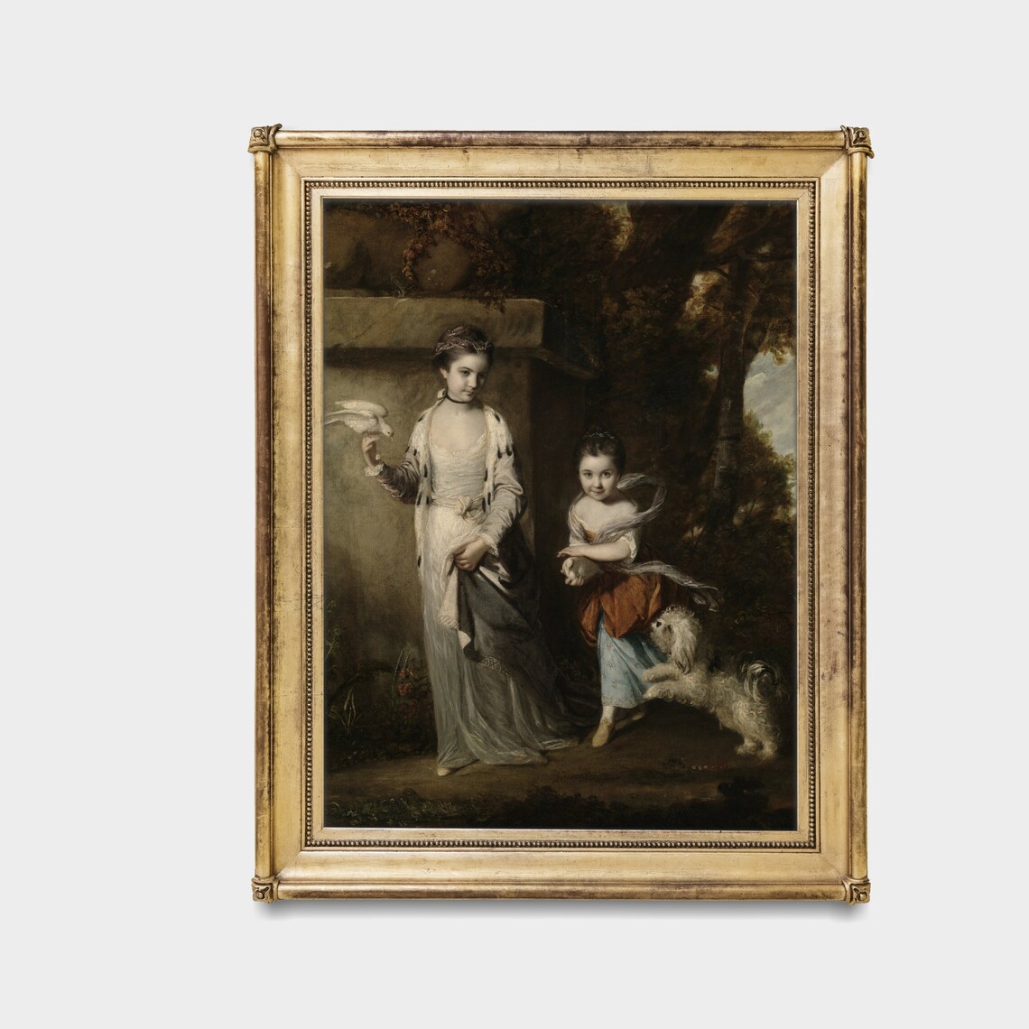 Two Girls with Dove and Little Dog Vintage Children Portrait Poster - Image 3