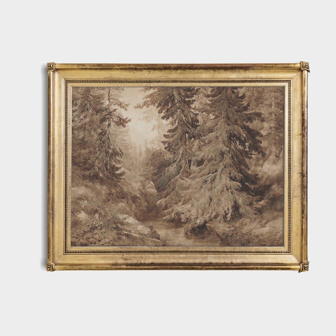 Towering Pines Along a Mountain Stream Vintage Sepia Drawing Poster - Image 4