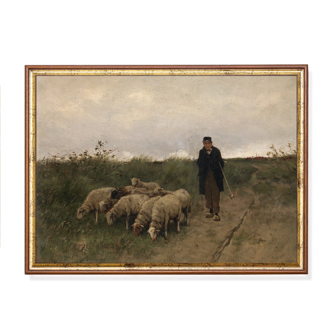 Shepherd With Flock of Sheep, Vintage Landscape Art Print