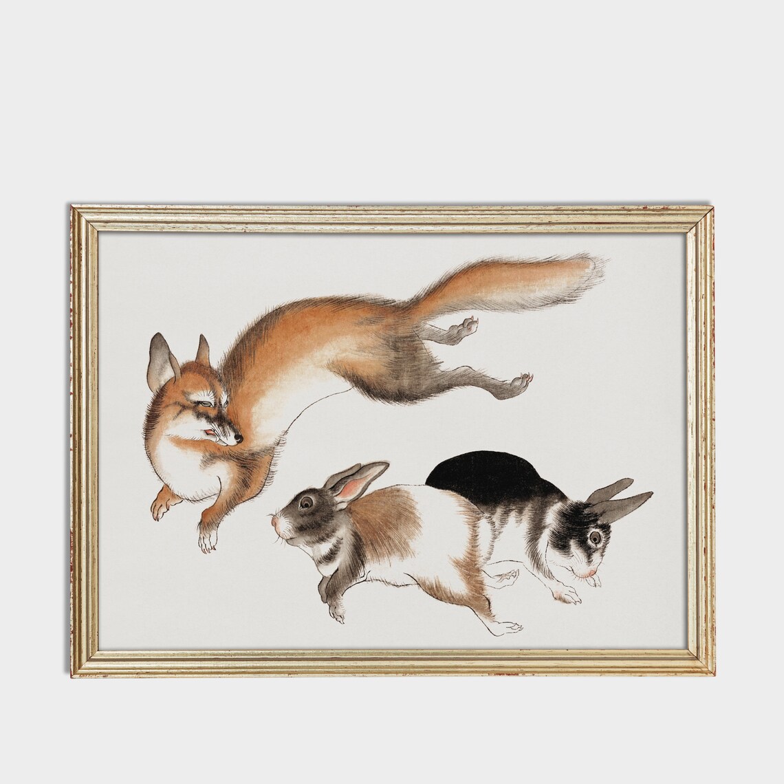 Leaping Fox Chasing Two Hares Japanese Ink Style Animal Art Poster - Image 2