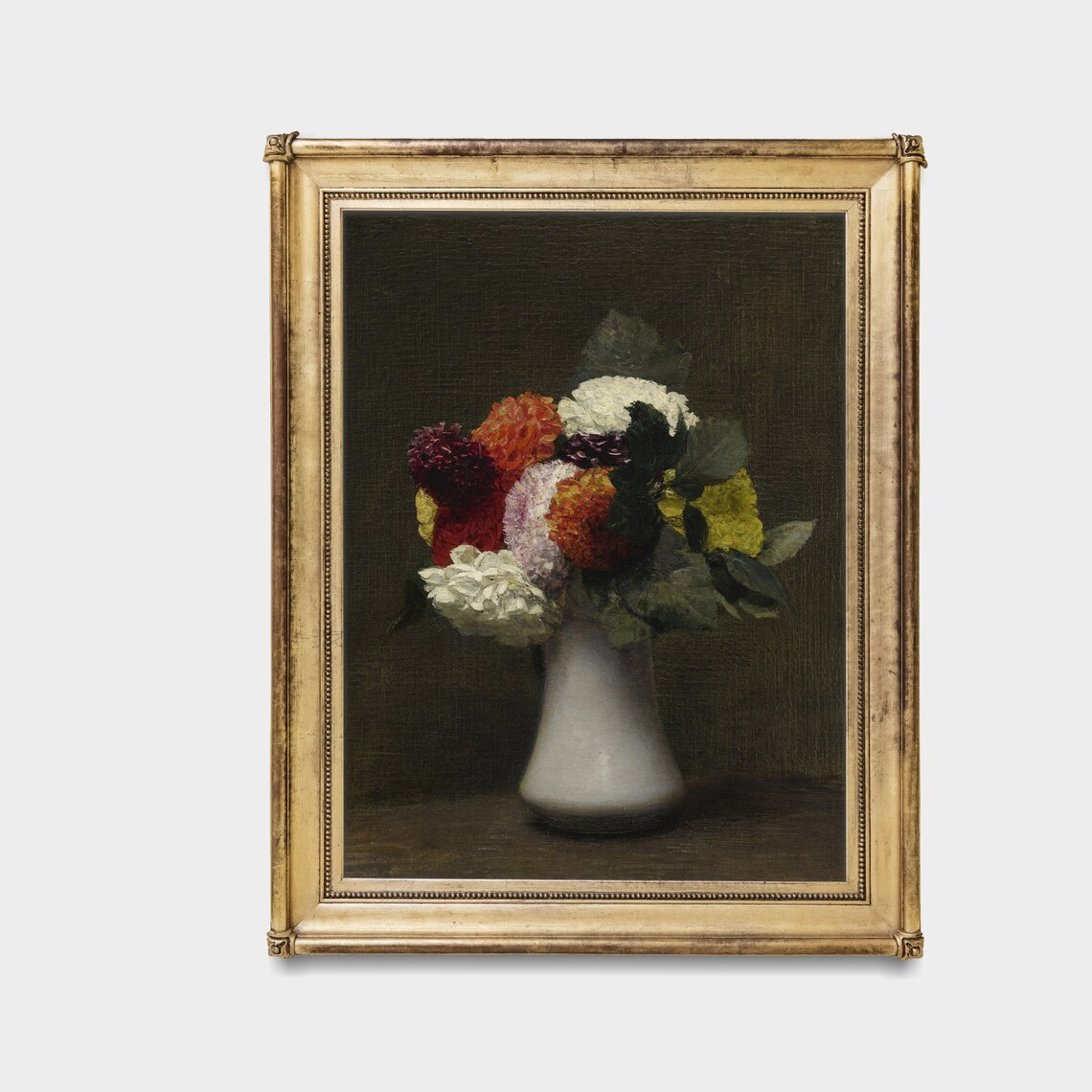 Dahlia Bouquet in White Vase Dark Background Vintage Floral Poster - Image 3