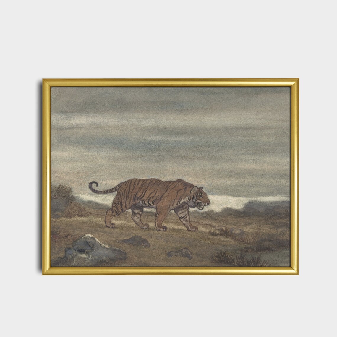 Tiger Walking Rocky Grassland Plain Vintage Wildlife Painting Poster - Image 5
