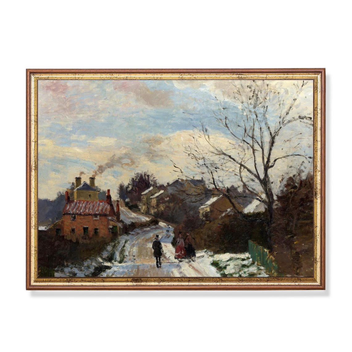 Winter Village Street Figures Impressionist Snow Scene Art Poster