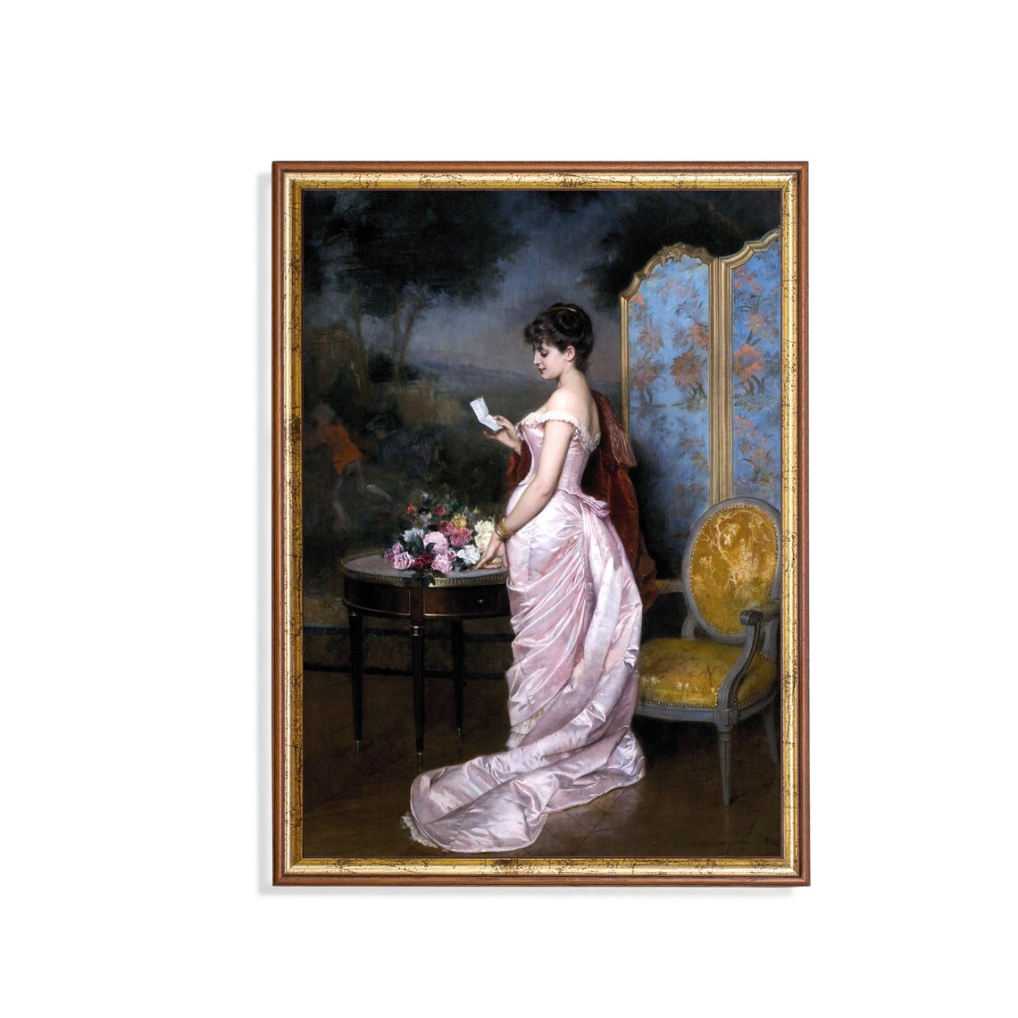 Elegant Woman in Pink Gown Reading Letter Antique Fine Art Portrait Poster