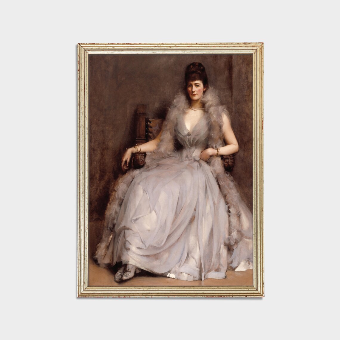 Vintage Seated Lady Portrait White Gown Fur Wrap Antique Wall Art - Image 2