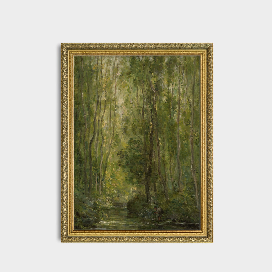 Green Forest Stream With Angler Impressionist Landscape Oil Poster - Image 3