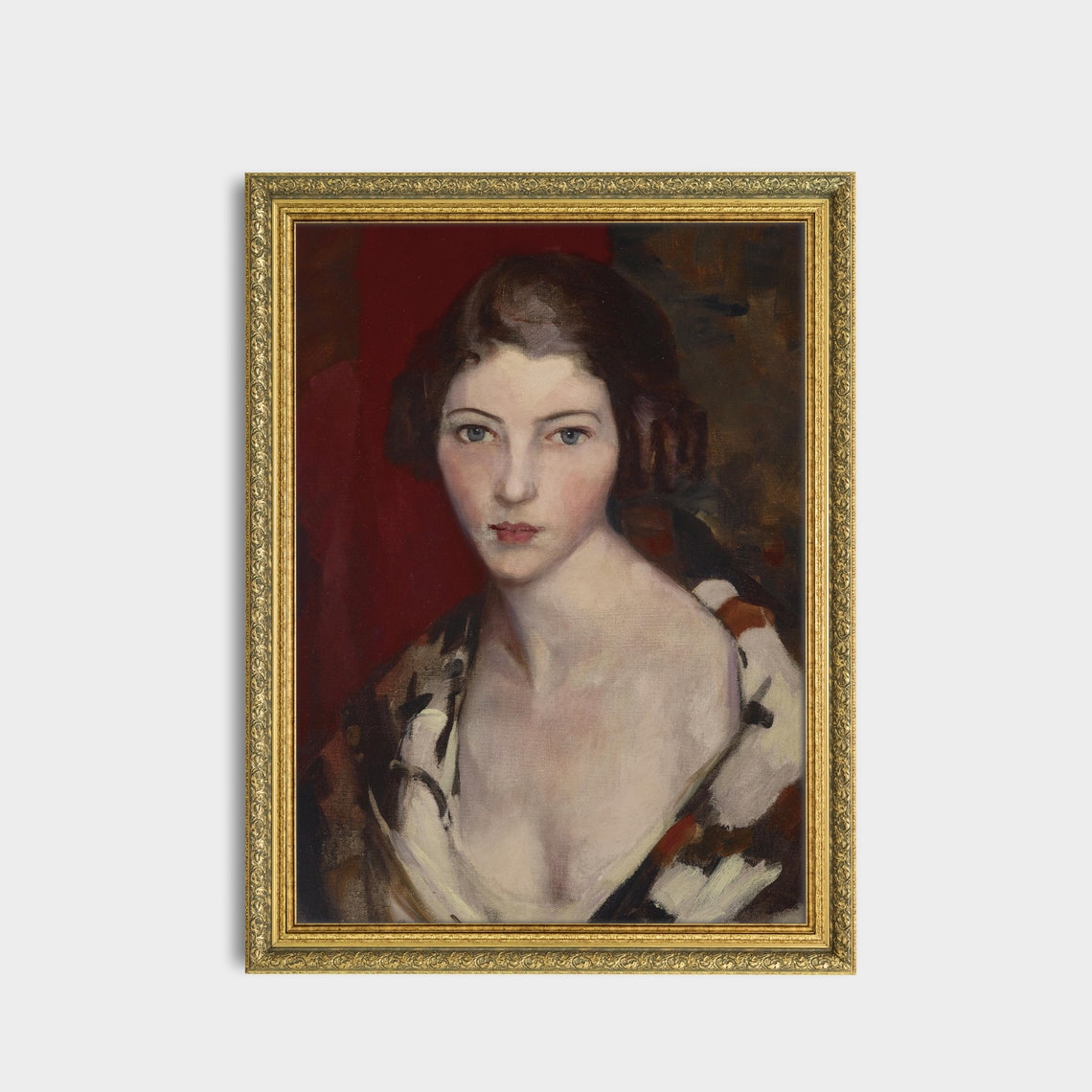 Vintage Young Woman Portrait Patterned Shawl Red Background Wall Art - Image 3