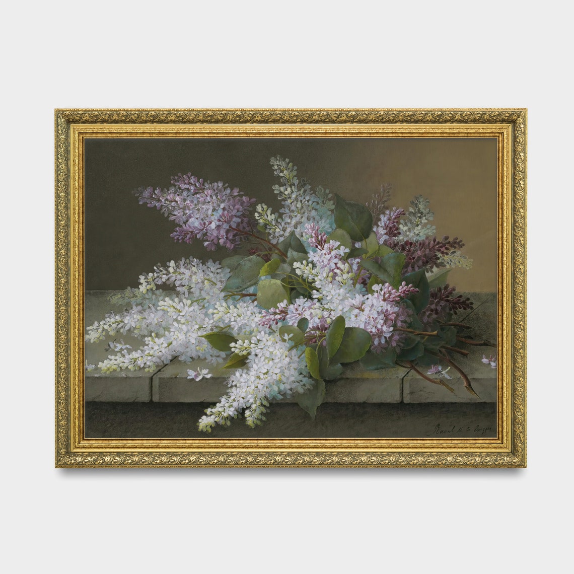 Delicate Lilac Branches Resting on a Stone Ledge Botanical Poster - Image 3