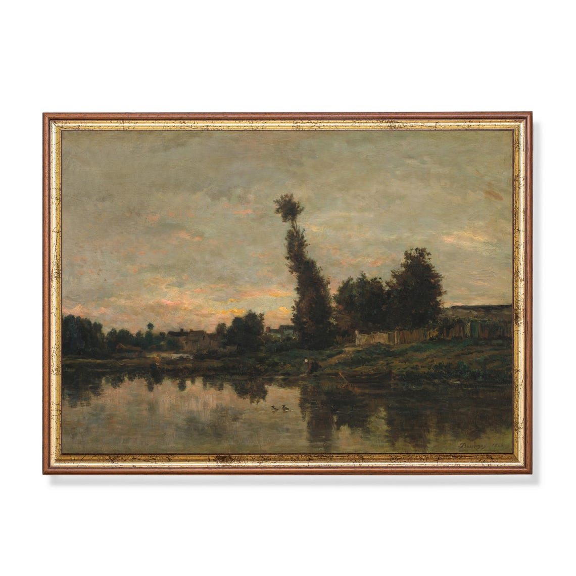 Twilight River Reflections with Tall Poplars Vintage Sunset Poster