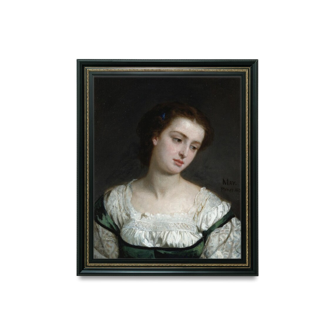 Victorian Young Woman Portrait White Blouse Dark Background Oil Poster - Image 4