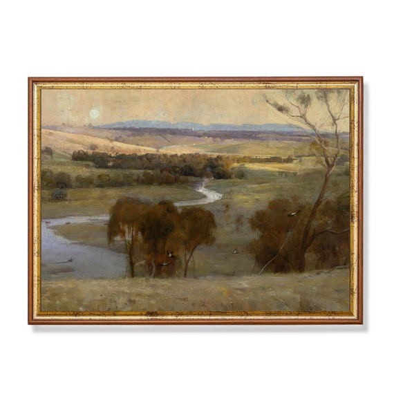 Vintage Landscape Painting Antique Country Landscape Moody Rustic Nature Print Wall Art Farmhouse Decor