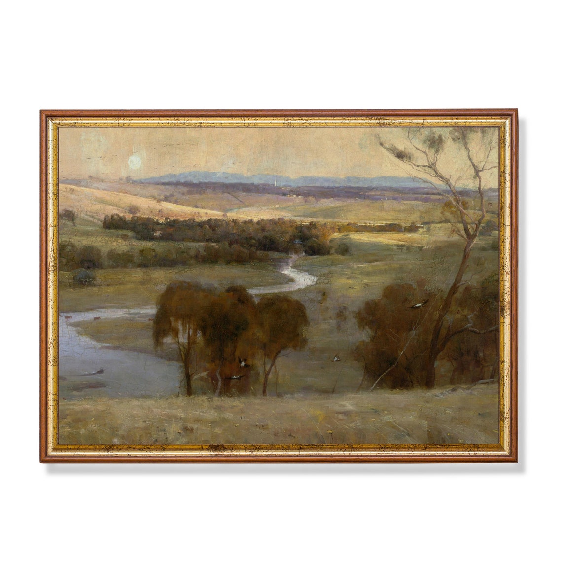 Winding River Through a Golden Valley Sunset Landscape Poster