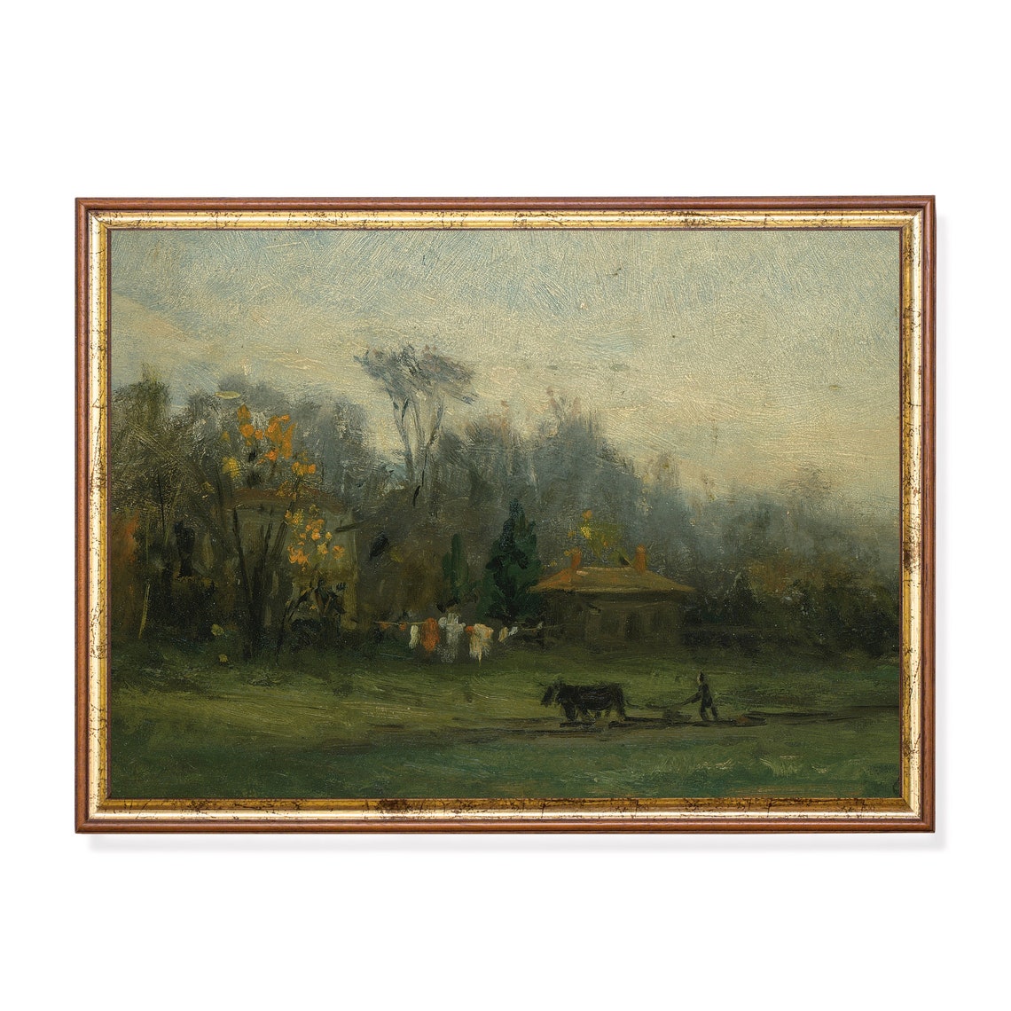 Farmer Plowing a Field with an Ox Antique Rustic Country Poster